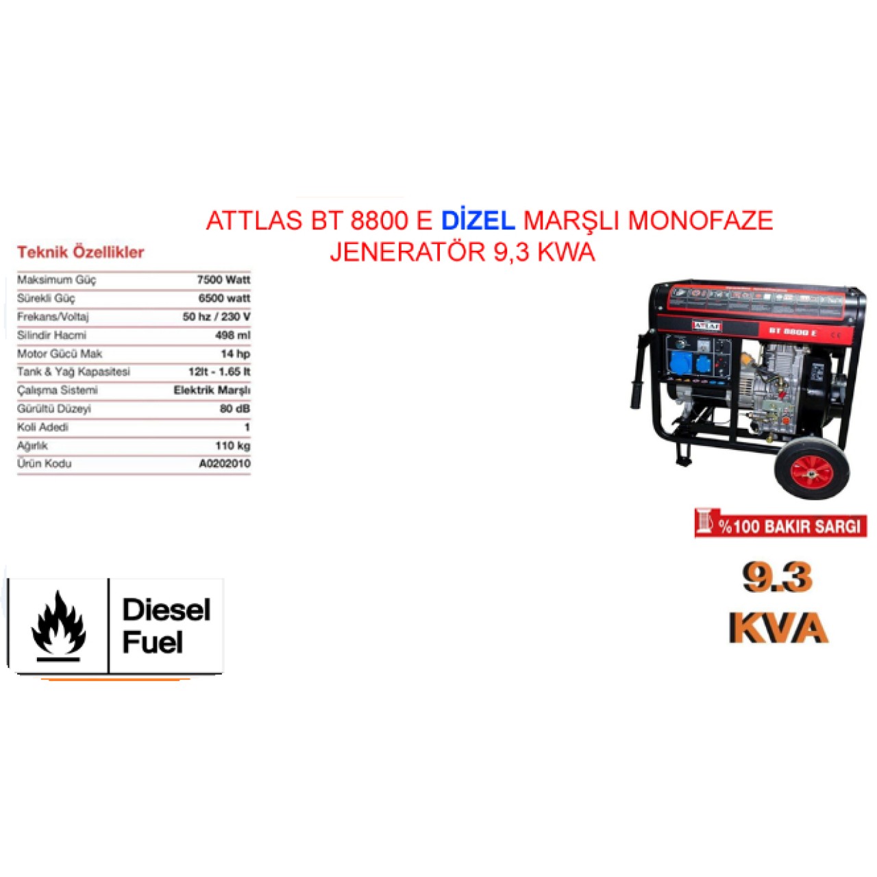 BT8800E DİZEL MONOFAZE JENERATÖR MARŞLI