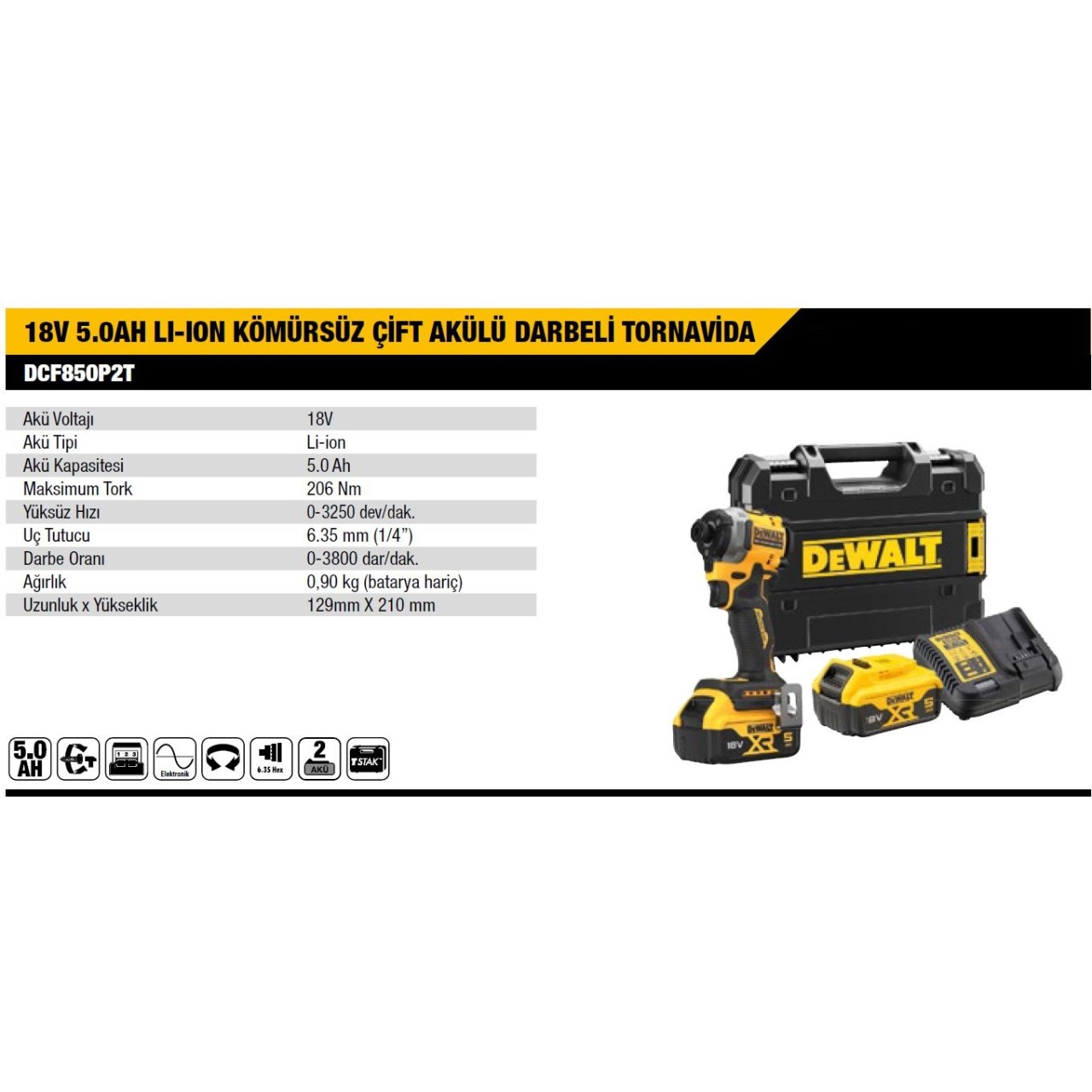 DEWALT 18V 5,0AH. Lİ-İON KÖMÜRSÜZ ÇİFT AKÜLÜ DARBELİ TORNAVİDA