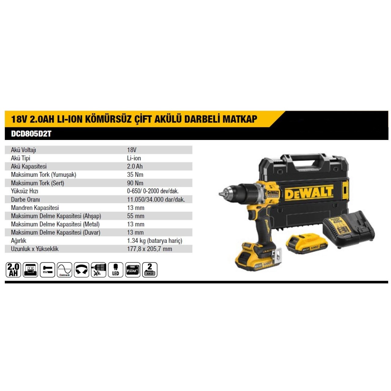 DEWALT ŞARJLI MATKAP DCD805D2T