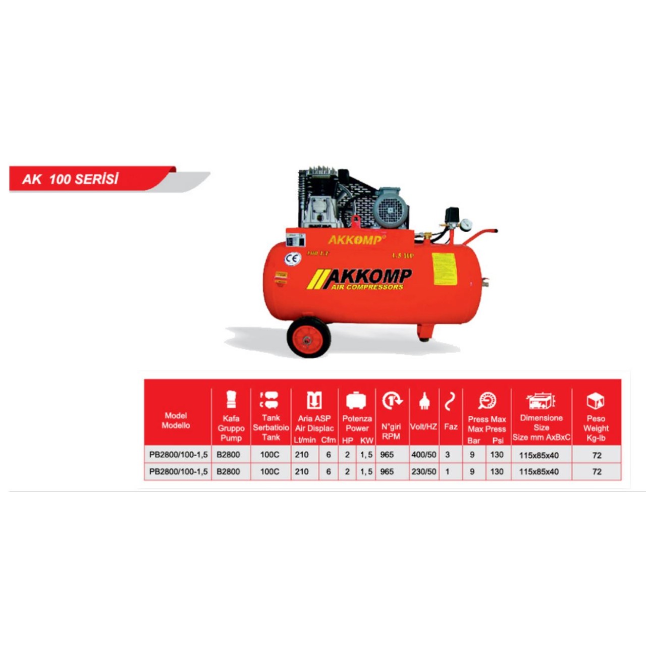 TEK KADEMELİ KOMPRESÖR 2HP 8 BAR 100LT TRİFAZE
